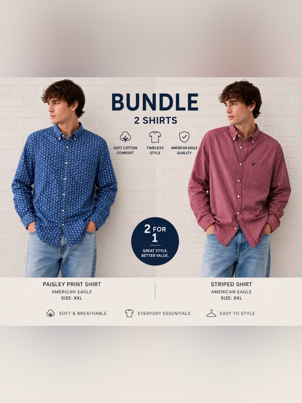 American Eagle Men’s XXL Button Down Shirt Bundle Casual Cotton Shirts